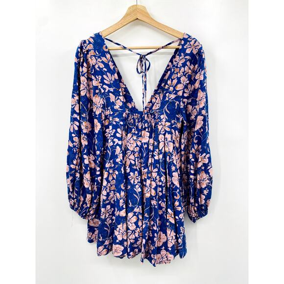 Free people blue floral long sleeve swing dress - Picture 3 of 4